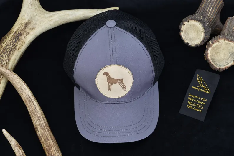 Hunting Dog Leather Patch Trucker Hat | Mesh Back Outdoor Cap for Hunters & Dog Lovers | Rustic Style Adjustable Hat